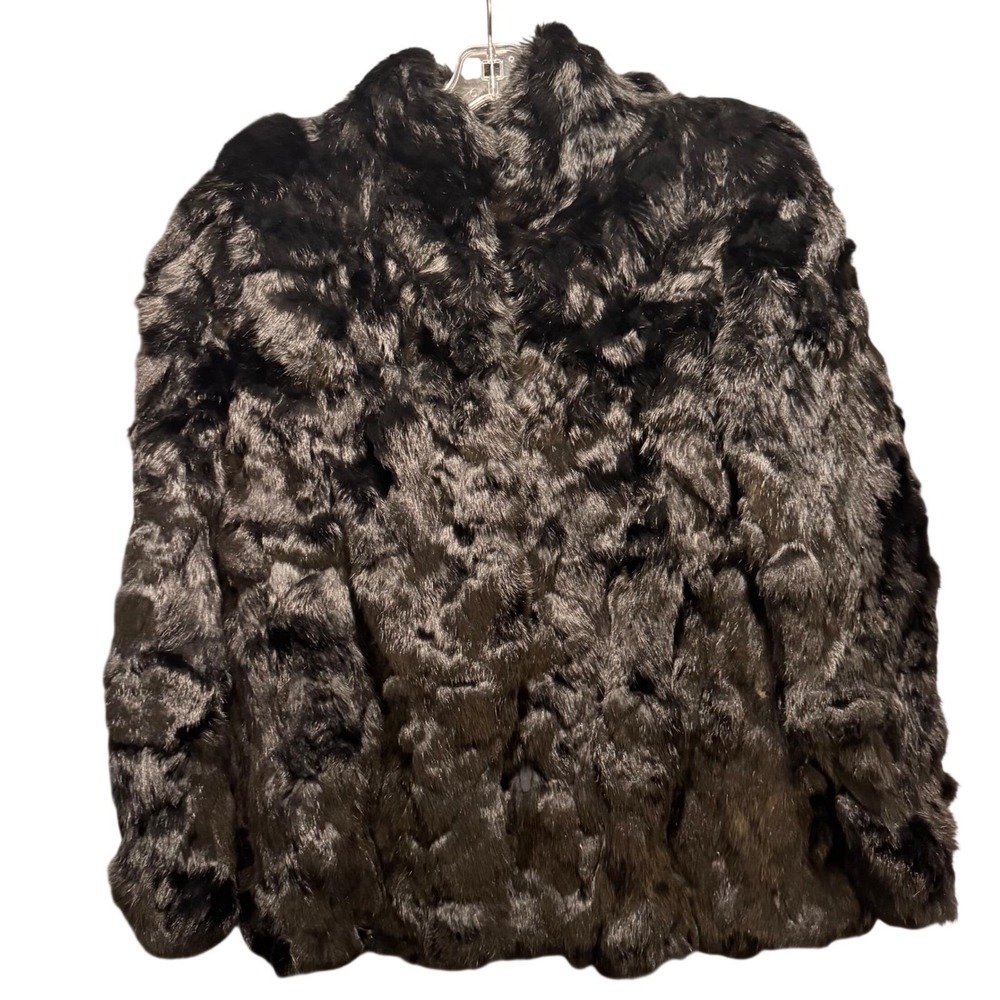 Vintage Black Genuine Rabbit Fur Coat Jacket Luxe Glam Old Money Mob Wife Sz M